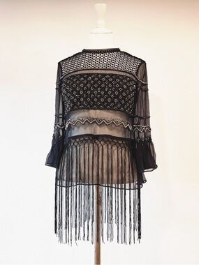 Elie Tahari Black Sheer Embroidered Fringe Blouse